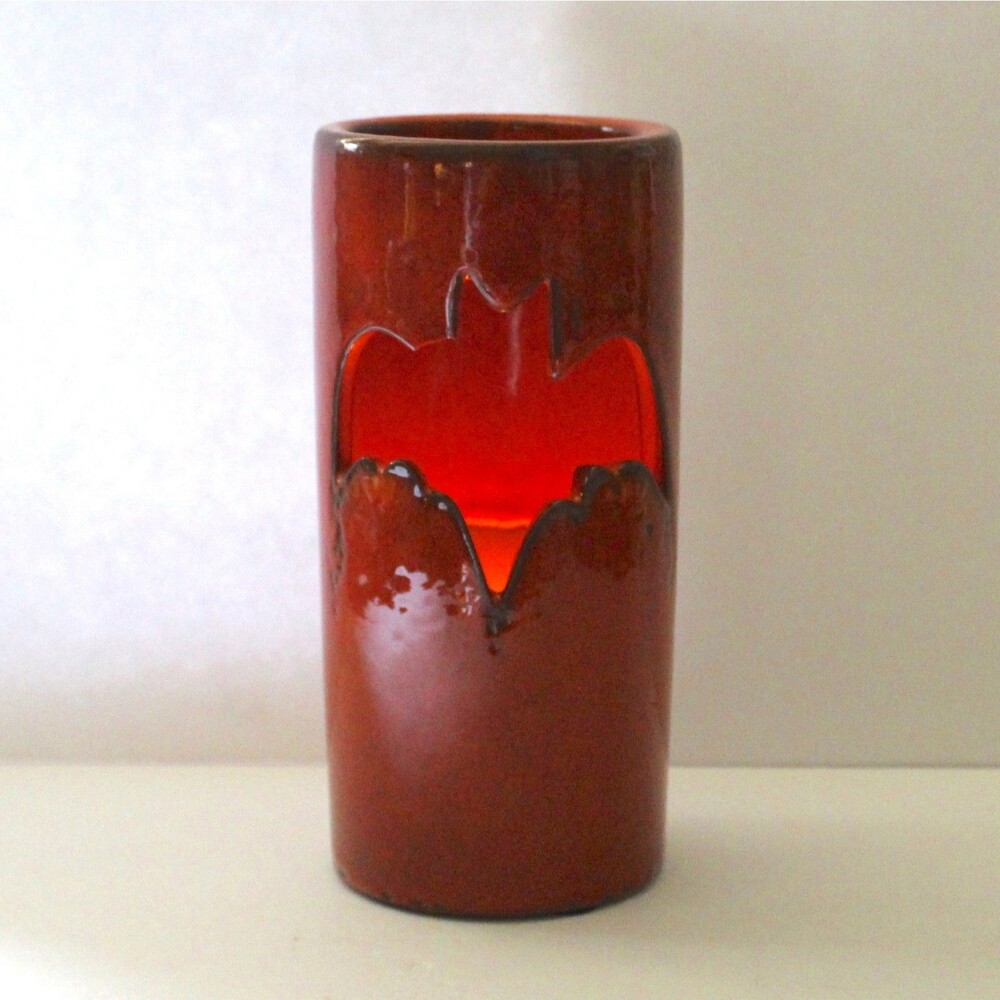 Studio Pottery Candle luminary bat silhouette cutout orange terracotta 8.75"
